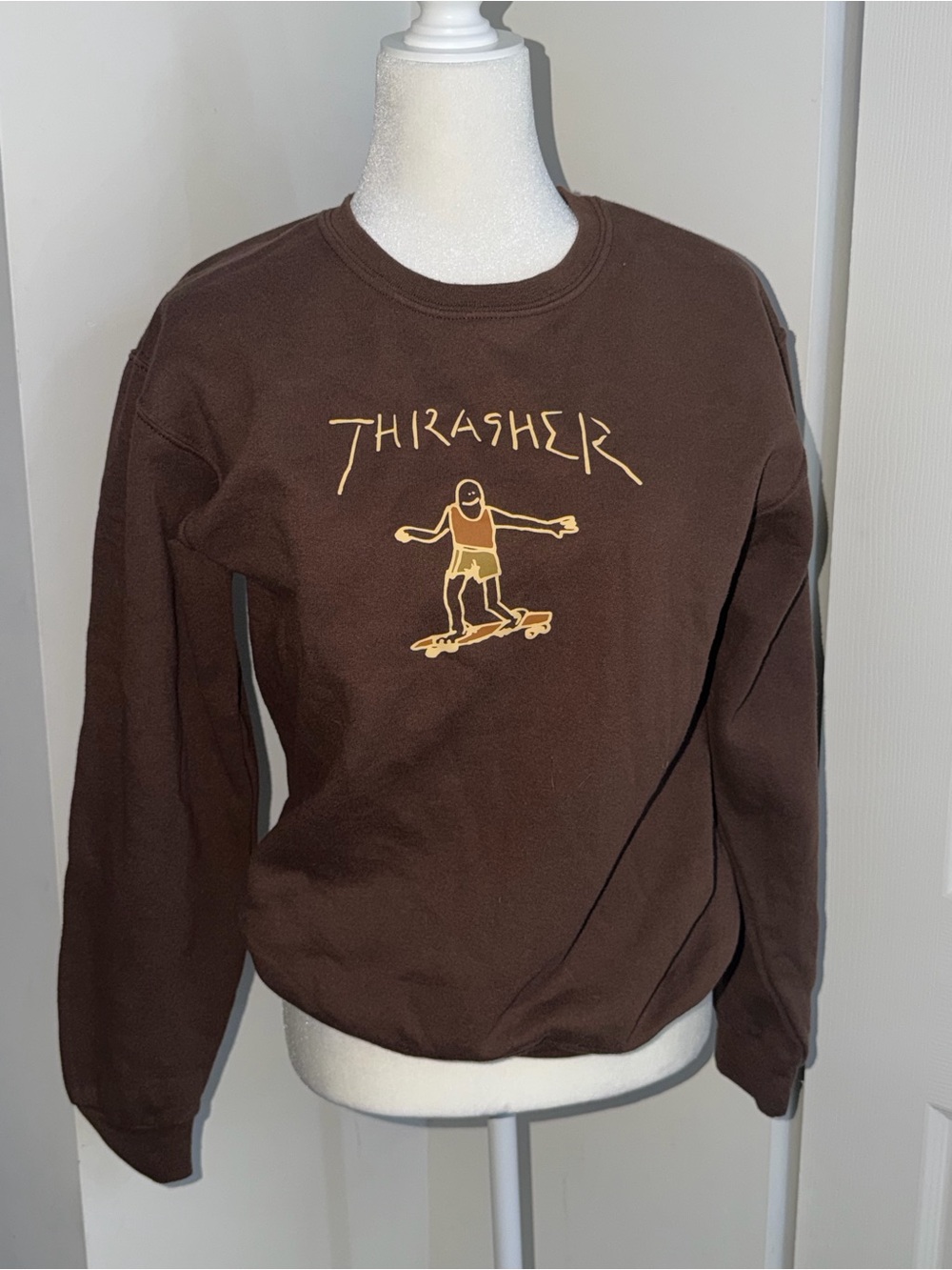 Thrasher Brown Crewneck Sweatshirt with Yellow Graphic